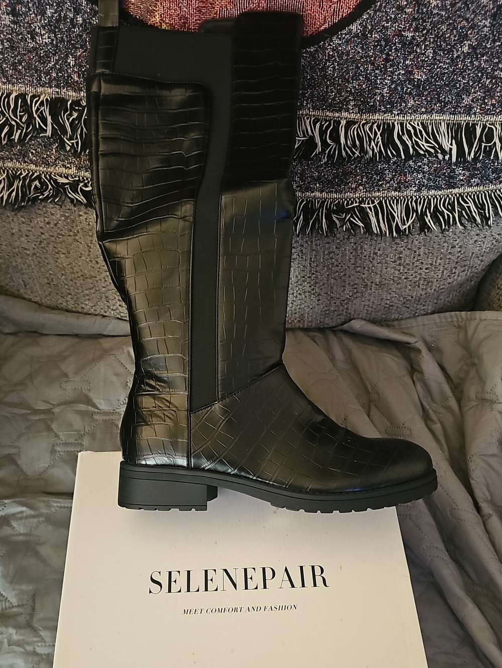 Black Croc-Embossed Over-the-Knee Boot